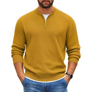 imageCOOFANDY Mens Quarter Zip Pullover Slim Fit Knit Sweater Lightweight Mock Neck Casual SweatersLight Brown