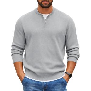 imageCOOFANDY Mens Quarter Zip Pullover Slim Fit Knit Sweater Lightweight Mock Neck Casual SweatersLight Grey