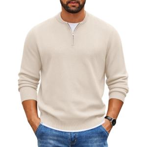imageCOOFANDY Mens Quarter Zip Pullover Slim Fit Knit Sweater Lightweight Mock Neck Casual SweatersLight Khaki