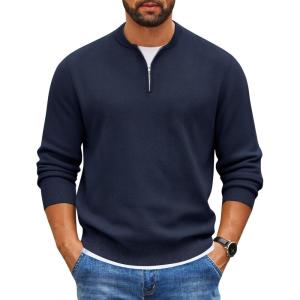 imageCOOFANDY Mens Quarter Zip Pullover Slim Fit Knit Sweater Lightweight Mock Neck Casual SweatersNavy Blue