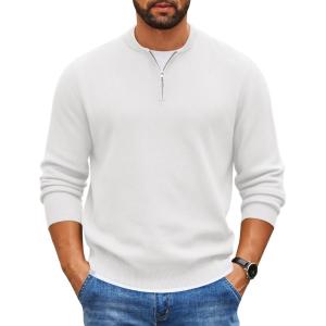 imageCOOFANDY Mens Quarter Zip Pullover Slim Fit Knit Sweater Lightweight Mock Neck Casual SweatersWhite