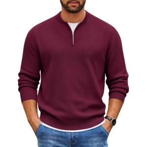 imageCOOFANDY Mens Quarter Zip Pullover Slim Fit Knit Sweater Lightweight Mock Neck Casual SweatersWine Red