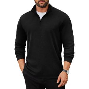 imageCOOFANDY Mens Quarter Zip Up Pullover Long Sleeve Sweatshirt Mock Neck Golf Polo SweaterBlack