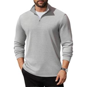 imageCOOFANDY Mens Quarter Zip Up Pullover Long Sleeve Sweatshirt Mock Neck Golf Polo SweaterLight Grey