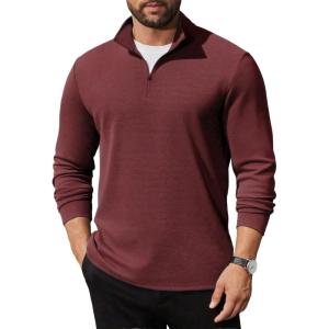 imageCOOFANDY Mens Quarter Zip Up Pullover Long Sleeve Sweatshirt Mock Neck Golf Polo SweaterWine Red