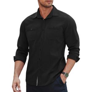 imageCOOFANDY Mens Shirt Slim Fit Dress Solid Button Down Work Business with Pockets 01Black Large Long Sleeve