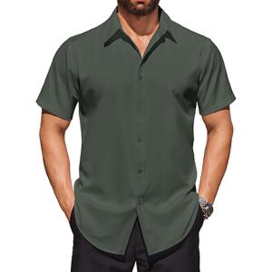 imageCOOFANDY Mens Short Sleeve Dress Shirts Stretch Wrinkle Free Button Down Shirt Casual Summer TopArmy Green