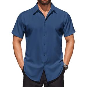 imageCOOFANDY Mens Short Sleeve Dress Shirts Stretch Wrinkle Free Button Down Shirt Casual Summer TopBlue