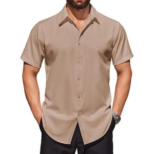 imageCOOFANDY Mens Short Sleeve Dress Shirts Stretch Wrinkle Free Button Down Shirt Casual Summer TopKhaki
