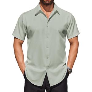 imageCOOFANDY Mens Short Sleeve Dress Shirts Stretch Wrinkle Free Button Down Shirt Casual Summer TopLight Green