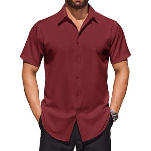 imageCOOFANDY Mens Short Sleeve Dress Shirts Stretch Wrinkle Free Button Down Shirt Casual Summer TopWine Red