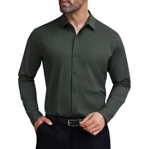 imageCOOFANDY Mens Stretch Dress Shirts Long Sleeve Button Down Shirt Wrinkle Free Formal Business ShirtsDark Army Green