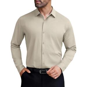 imageCOOFANDY Mens Stretch Dress Shirts Long Sleeve Button Down Shirt Wrinkle Free Formal Business ShirtsKhaki