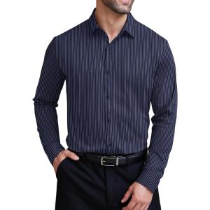 imageCOOFANDY Mens Stretch Dress Shirts Long Sleeve Button Down Shirt Wrinkle Free Formal Business ShirtsNavy  White Stripes