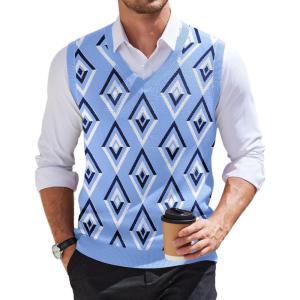imageCOOFANDY Mens Sweater Vest V Neck Sleeveless Sweater Slim Fit Casual Knitted Pullover SweaterArgyle Blue