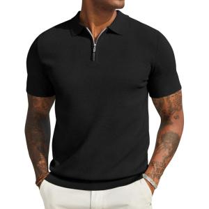 imageCOOFANDY Mens Textured Knit Polo Shirts Zipper Polo Shirts Short Sleeve Casual Lightweight Golf ShirtBlack