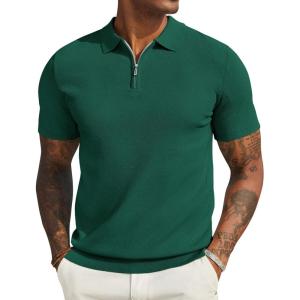 imageCOOFANDY Mens Textured Knit Polo Shirts Zipper Polo Shirts Short Sleeve Casual Lightweight Golf ShirtGreen