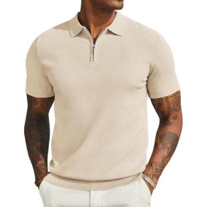 imageCOOFANDY Mens Textured Knit Polo Shirts Zipper Polo Shirts Short Sleeve Casual Lightweight Golf ShirtKhaki