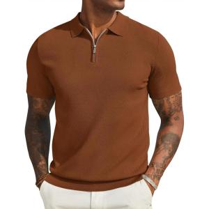 imageCOOFANDY Mens Textured Knit Polo Shirts Zipper Polo Shirts Short Sleeve Casual Lightweight Golf ShirtLight Brown