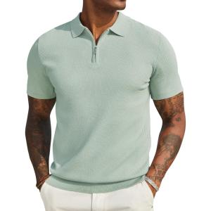 imageCOOFANDY Mens Textured Knit Polo Shirts Zipper Polo Shirts Short Sleeve Casual Lightweight Golf ShirtLight Green
