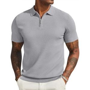 imageCOOFANDY Mens Textured Knit Polo Shirts Zipper Polo Shirts Short Sleeve Casual Lightweight Golf ShirtLight Grey
