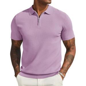 imageCOOFANDY Mens Textured Knit Polo Shirts Zipper Polo Shirts Short Sleeve Casual Lightweight Golf ShirtLight Purple