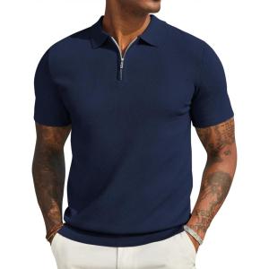 imageCOOFANDY Mens Textured Knit Polo Shirts Zipper Polo Shirts Short Sleeve Casual Lightweight Golf ShirtNavy Blue