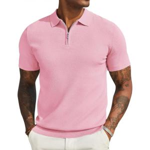 imageCOOFANDY Mens Textured Knit Polo Shirts Zipper Polo Shirts Short Sleeve Casual Lightweight Golf ShirtPink