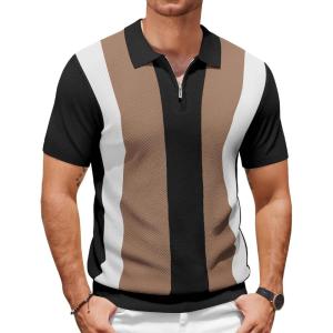 imageCOOFANDY Mens Textured Knit Polo Shirts Zipper Polo Shirts Short Sleeve Casual Lightweight Golf ShirtStripes  Black  Khaki