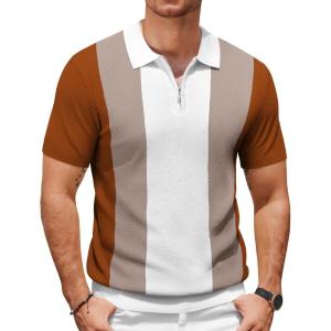 imageCOOFANDY Mens Textured Knit Polo Shirts Zipper Polo Shirts Short Sleeve Casual Lightweight Golf ShirtStripes  Brown  White