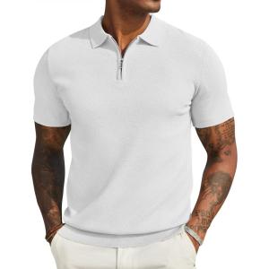 imageCOOFANDY Mens Textured Knit Polo Shirts Zipper Polo Shirts Short Sleeve Casual Lightweight Golf ShirtWhite