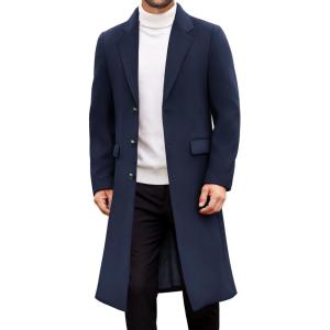 imageCOOFANDY Mens Trench Coat Long Casual Single Brested Overcoat Winter Notched Collar Wool Blend Pea coat With PocketsNavy Blue