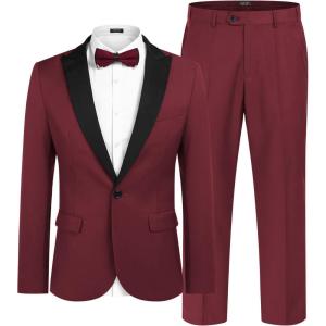 imageCOOFANDY Mens Wedding Suits 2 Piece Tuxedo Jacket One Button Peak Lapel Suit Jacket Dress Pants for DinnerPromParty Wine Red