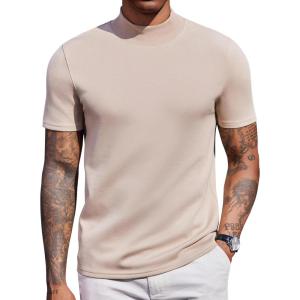 imageCOOFANDY Mock Turtleneck for Men Short Sleeve Casual Stylish Basic Top Stretch Sweater SkinFriendly MaterialKhaki