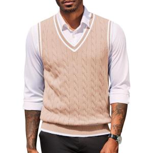 imageCOOFANDY Sweater Vest for Men Regular Fit V Neck Sleeveless Knitted Pullovers SweaterLight Khaki