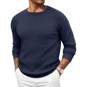 imageCOOFANDY Men Dress Sweater Long Sleeve Crew Neck Sweater Slim Fit Business Casual Pullover SweaterDark Bluenarrow Ribs