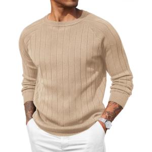 imageCOOFANDY Men Dress Sweater Long Sleeve Crew Neck Sweater Slim Fit Business Casual Pullover SweaterKhaki