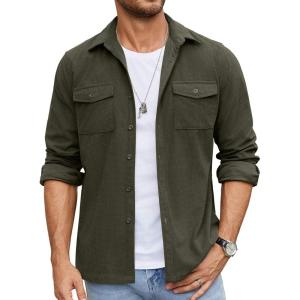 imageCOOFANDY Mens Button Down Waffle Shirt Jacket Casual Long Sleeve Shacket Lightweight Overshirts with Flap PocketsArmy Green