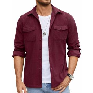 imageCOOFANDY Mens Button Down Waffle Shirt Jacket Casual Long Sleeve Shacket Lightweight Overshirts with Flap PocketsDeep Red