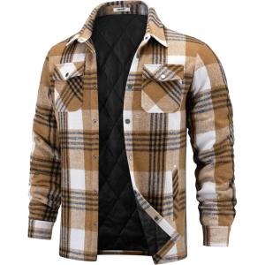 imageCOOFANDY Mens Flannel Shirt Jackets Quilted Lined Plaid Jacket Long Sleeve Button Down Thick Winter Outwear ShacketsBrown