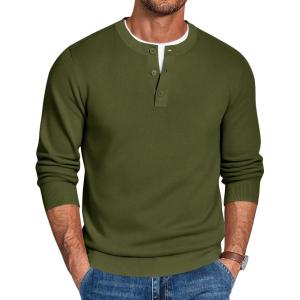 imageCOOFANDY Mens Henley Sweater Long Sleeve Quarter Button Sweaters Casual Knit Pullover SweaterArmy Green