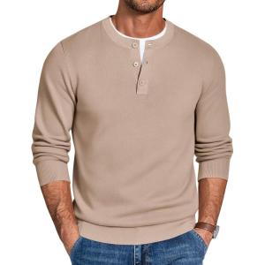 imageCOOFANDY Mens Henley Sweater Long Sleeve Quarter Button Sweaters Casual Knit Pullover SweaterDark Khaki