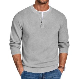 imageCOOFANDY Mens Henley Sweater Long Sleeve Quarter Button Sweaters Casual Knit Pullover SweaterLight Grey