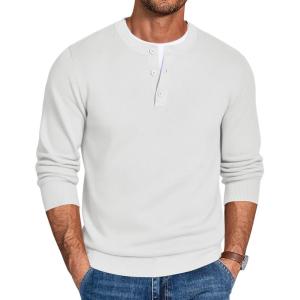 imageCOOFANDY Mens Henley Sweater Long Sleeve Quarter Button Sweaters Casual Knit Pullover SweaterWhite