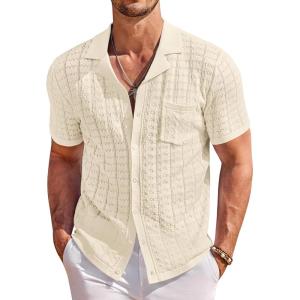 imageCOOFANDY Mens Knit Button Down Shirt Short Sleeve Vintage Polo Shirts Summer Casual Beach TopsBeige