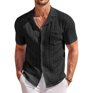imageCOOFANDY Mens Knit Button Down Shirt Short Sleeve Vintage Polo Shirts Summer Casual Beach TopsBlack