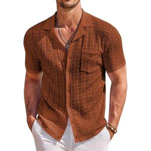 imageCOOFANDY Mens Knit Button Down Shirt Short Sleeve Vintage Polo Shirts Summer Casual Beach TopsCaramel