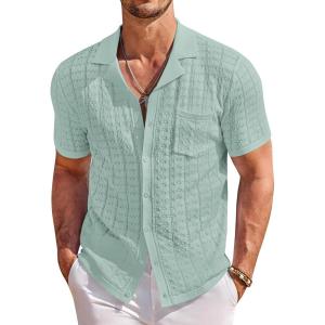 imageCOOFANDY Mens Knit Button Down Shirt Short Sleeve Vintage Polo Shirts Summer Casual Beach TopsIce Green