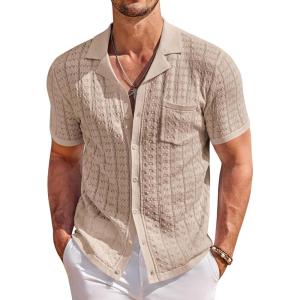 imageCOOFANDY Mens Knit Button Down Shirt Short Sleeve Vintage Polo Shirts Summer Casual Beach TopsKhaki