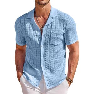 imageCOOFANDY Mens Knit Button Down Shirt Short Sleeve Vintage Polo Shirts Summer Casual Beach TopsLight Blue